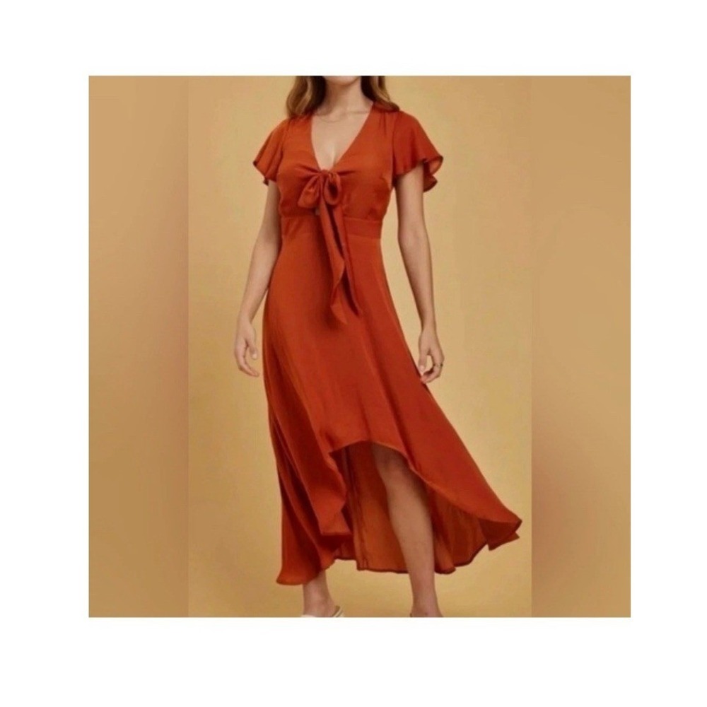 Francesca's SSFLUTTERS High-Low Tie-Front Midi Dress Burnt Orange Rust Small NWT - Picture 12 of 13